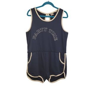 Junk Food "Party Time" Romper XL Blue White Trim Embroidered Play Suit #375
